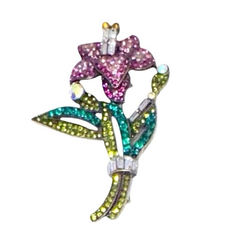 UNBRANDED RHINESTONE Pink And Green FLORAL Lily Brooch